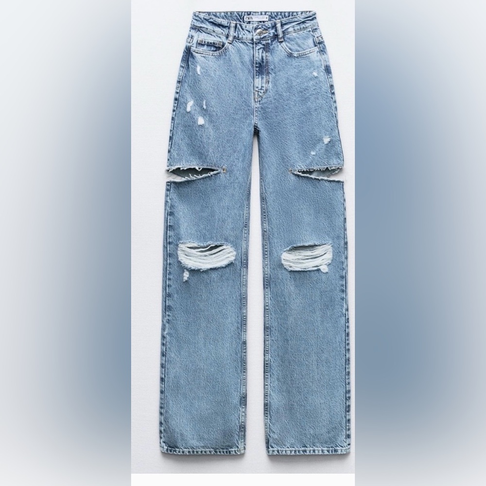 Zara Blue Distressed Straight Leg Jeans